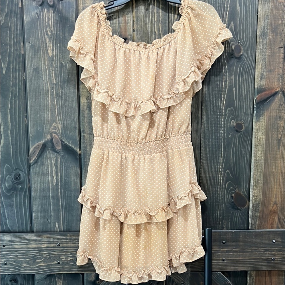FAVLUX Tan Polka Dot Tiered Smocked Mini Dress M Beige Off Shoulder Ruffles Boho